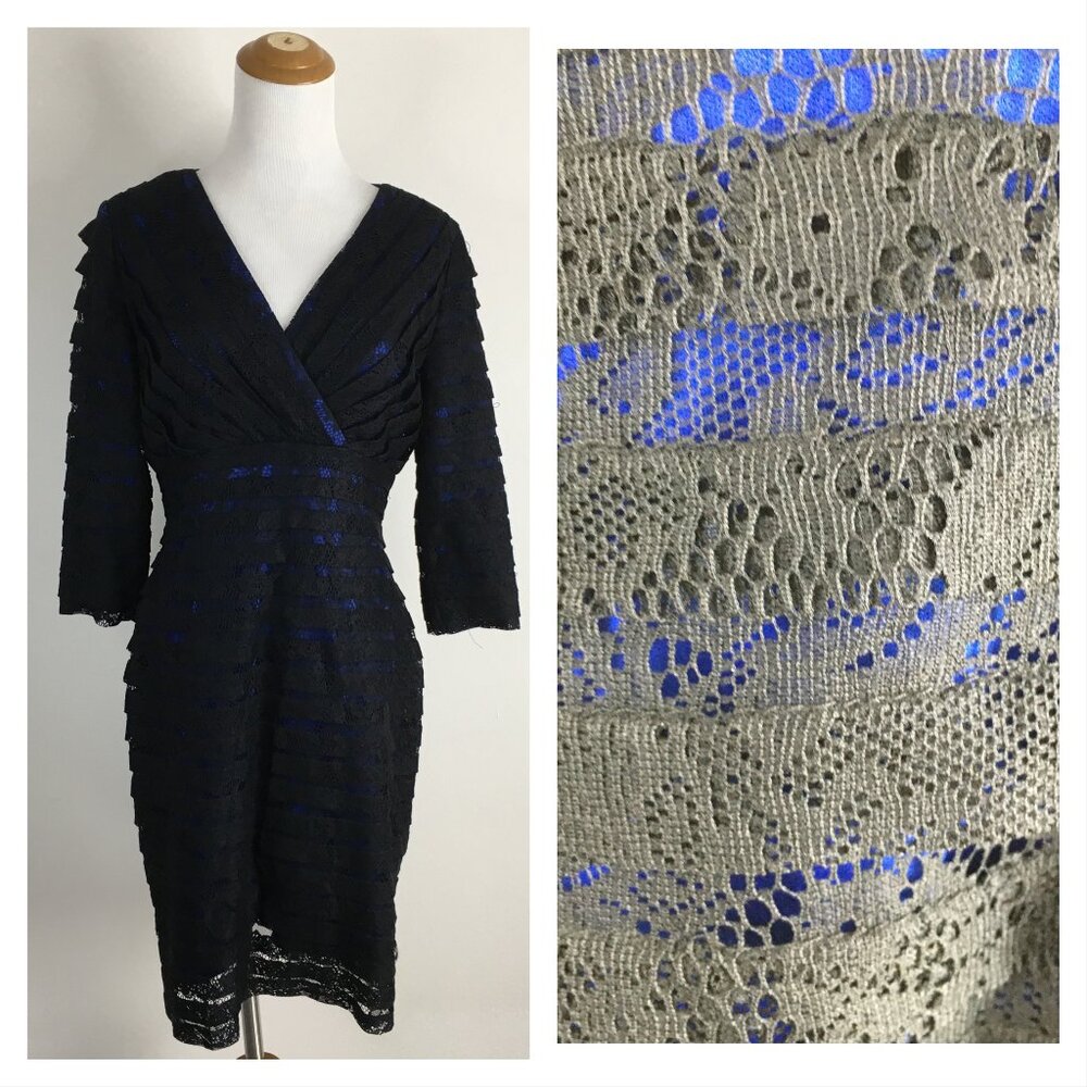 ADRIANNA PAPELL Black Layered Lace Blue Lined 3/4 Sleeve Dress
